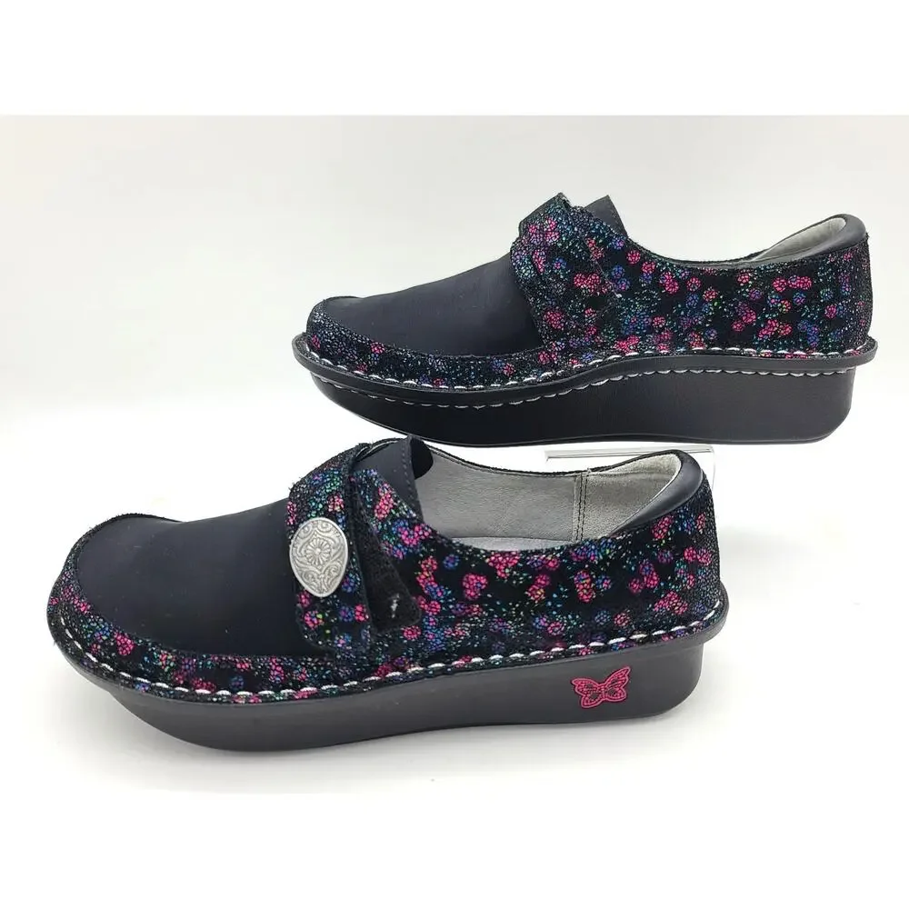 Alegria Dena Sweetums Women 37 US 7-7.5 Dream Fit Black Floral Slip-on Shoes